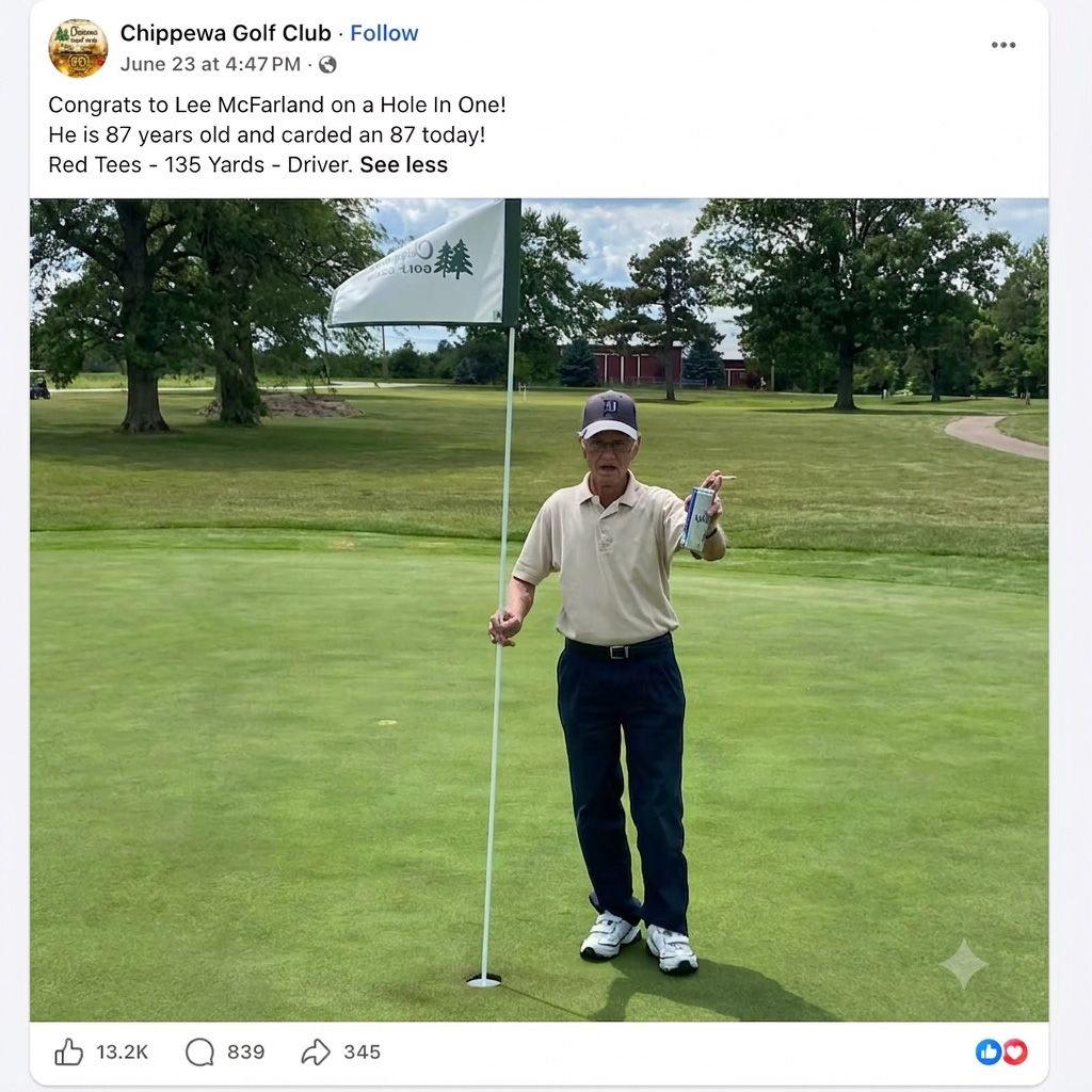 Cụ ông 87 tuổi ghi điểm hole-in-one tại sân golf Chippewa