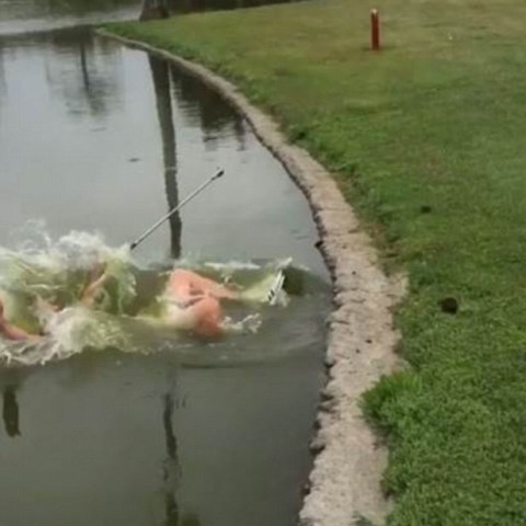 Golfer bị 'đạp' xuống ao vì đánh chậm